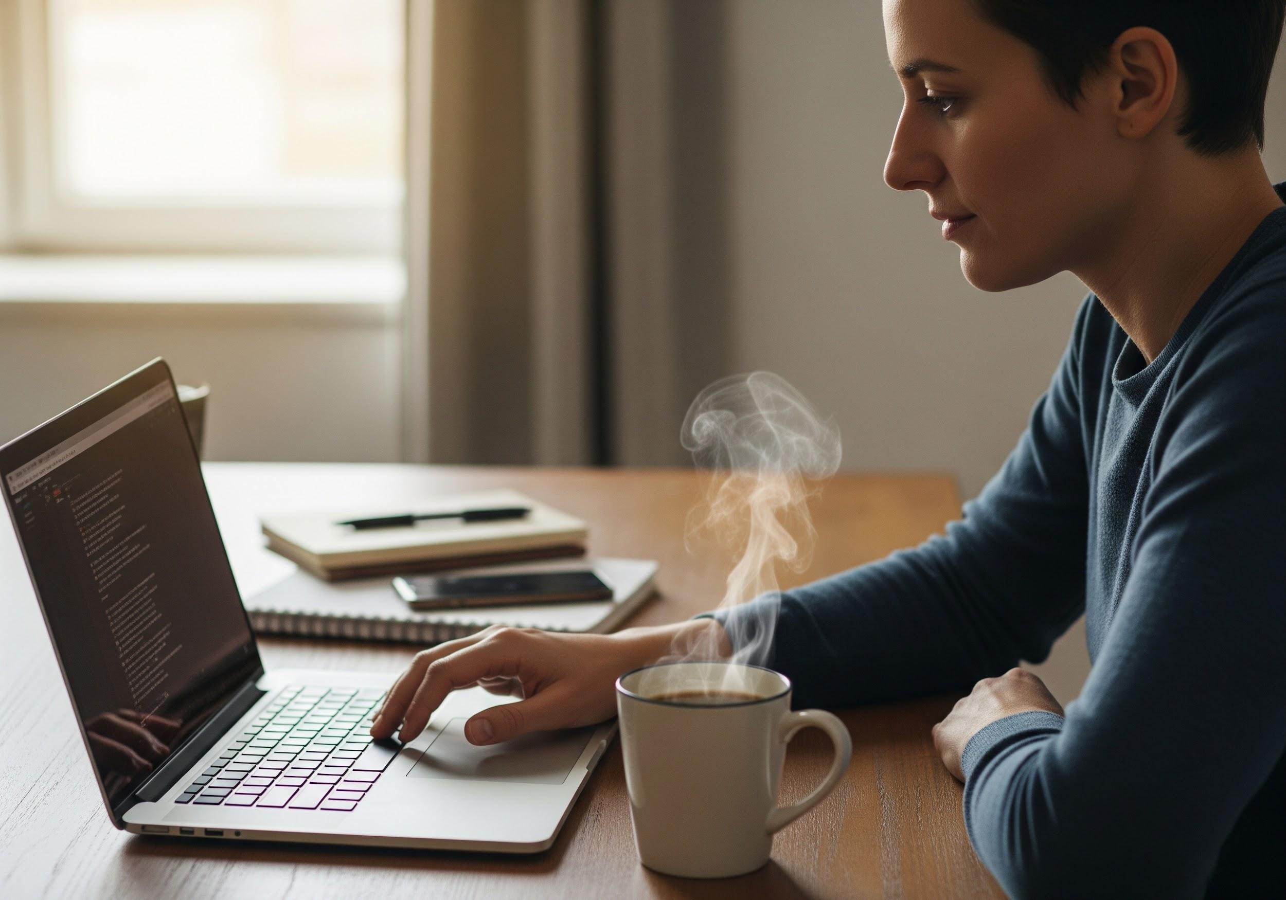A person working on a laptop at a desk with a coffee mug